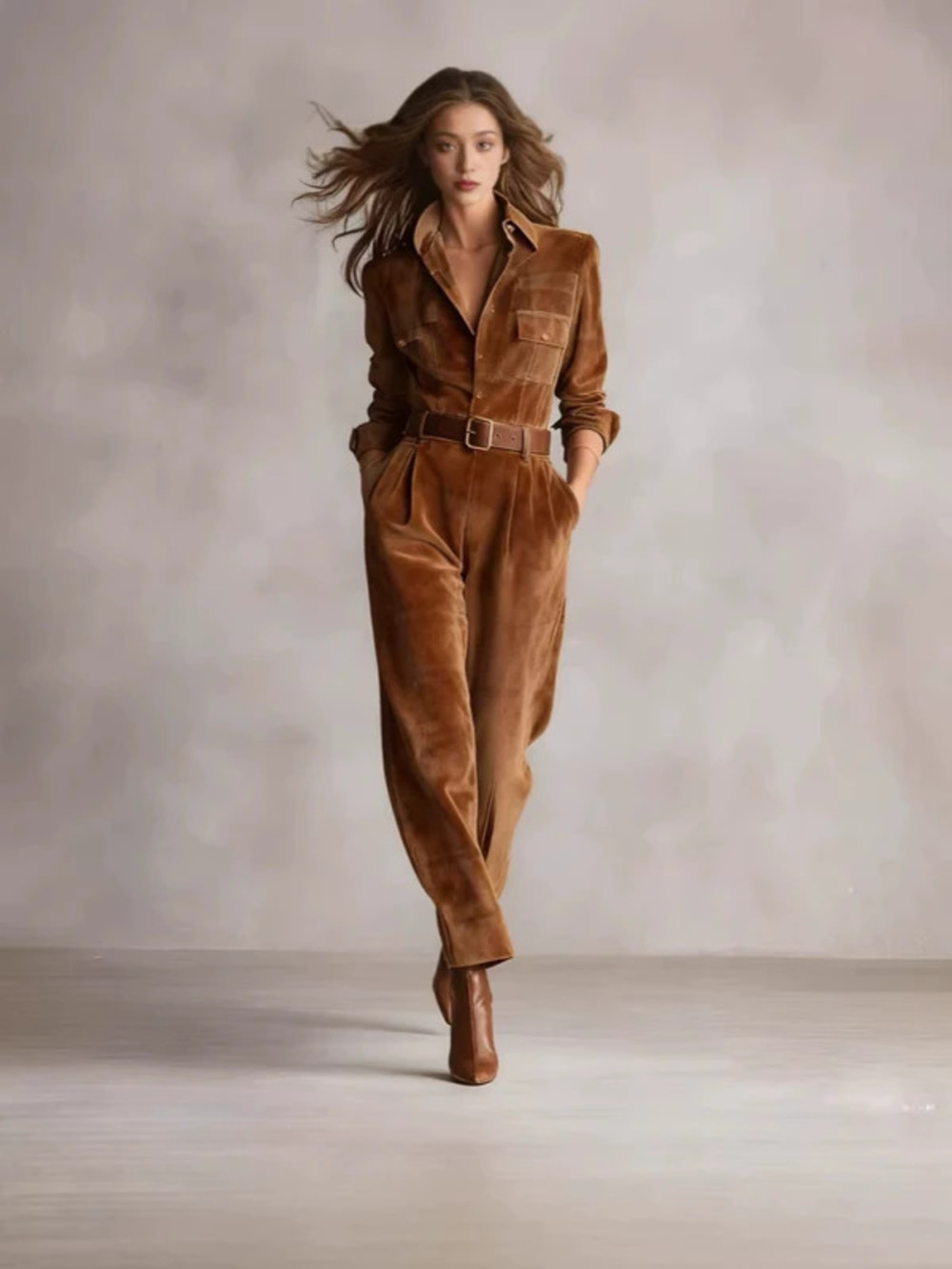 ZARA Spring Fall Casual Sport High End Suede Long Sleeve Solid Shirt Jumpsuit